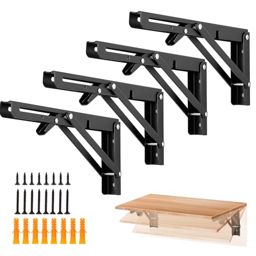 Image of Ravinte 4 Pack 10 Inch Folding Shelf Brackets - Matte Black, Heavy Duty Collapsible Brackets for Tables and Benches - Space-Saving Design