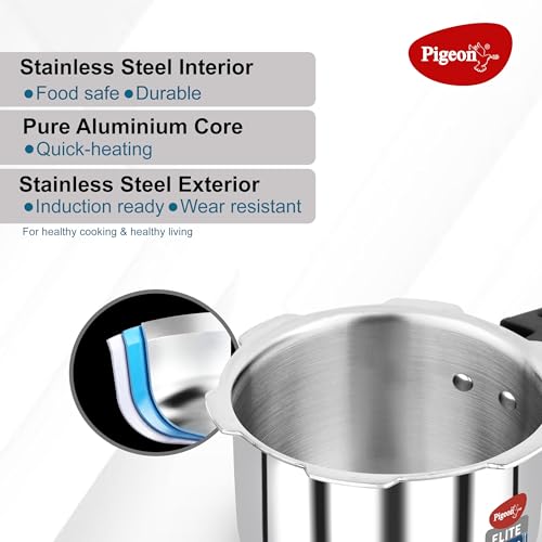 Image of Pigeon By Stovekraft Elite Shine 1.5Liters Tri-Ply Body Outer Lid Pressure Cooker Induction And Gas Stove Compatible That Distributes Heat Evenly For Uniform Cooking (Stainless Steel, Silver)