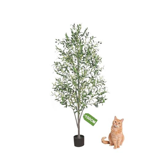 TUXOIUBA Artificial Olive Tree, 150cm Tall Faux Silk Plant with Natural Wood Trunk and Lifelike Fruits for Home Office Decor, Indoor Fake Potted Tree for Modern Home Office Indoor Outdoor Decor