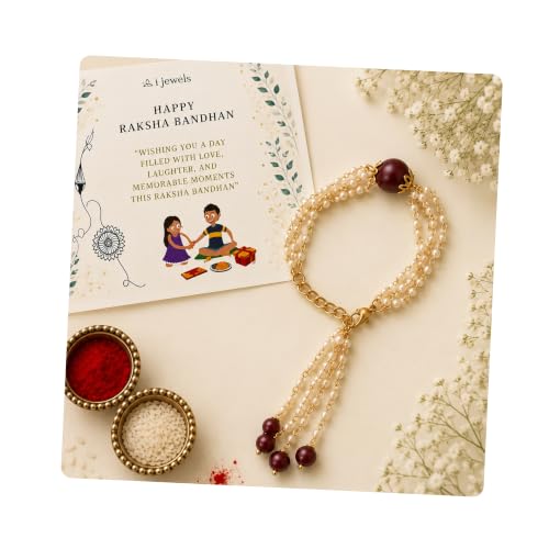 Image of I Jewels White Pearl Bracelet Lumba Rakhi with Rakshabandhan Card or Bhabhi /Sister