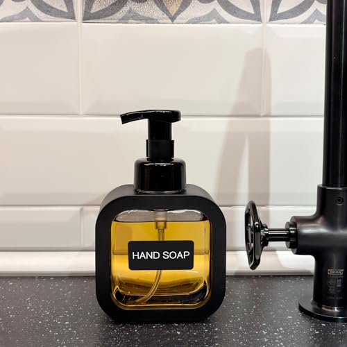 Image of Foaming Soap Dispenser, 2 Pack 300ml (10oz) Plastic Refillable Foaming Hand Soap Dispenser with 16 Pcs Waterproof Labels, Foam Pump Bottle for Bathroom and Kitchen (Black)