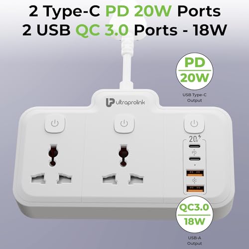 Image of UltraProlink 6 in 1 Surge Extension Board |Device Safety with ISI Approved Heavy Duty Cable-25cm6 Ports-2 Fast Charge Type-C(PD 20W),2 USB-A Ports & 2 AC Sockets|3 Power Switches|Made in India|UM1272