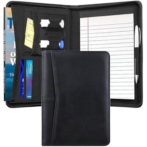 Lcjtop Junior Padfolio/Resume Portfolio Binder with Refillable Lined Notepad, A5 Padfolio Folder, Business Portfolio, Multi-Function Case, A5 Writing Pad Included, Black. Cover
