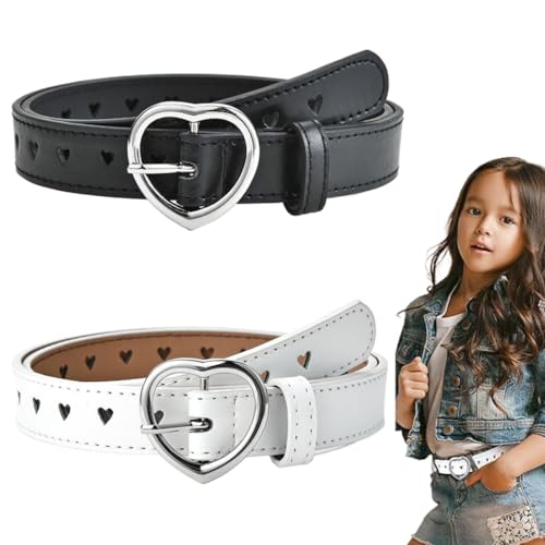 ZEPIQOR Ceinture pour Fille, Ceintures pour enfants, 2 Pièces Enfant Ceinture en Cuir PU avec Boucle en Forme de Coeur Réglable pour Pantalons Jeans Jupes...