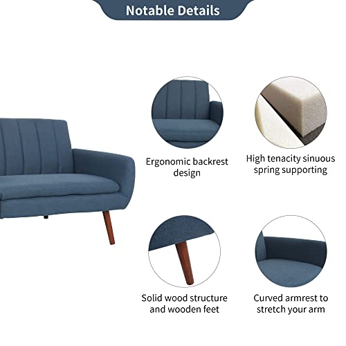 Miyzeal Sleeper Sofa Couch Bed, Mid-Century Convertible Sofa Modern Futon Couch, Upholstered Linen Loveseat With Split Backrest For Bedroom Apartment Office (Blue) #TOP4