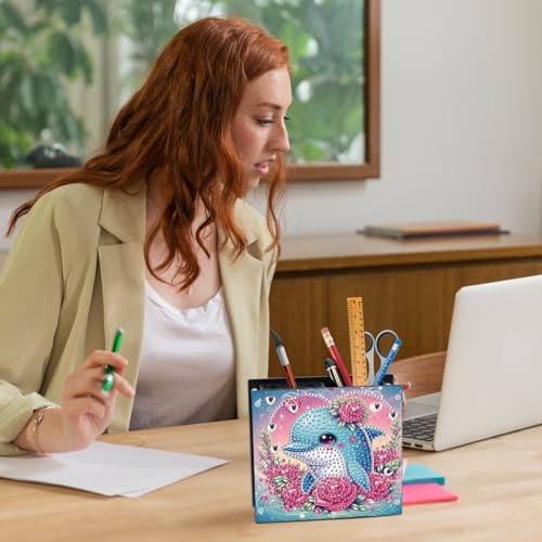 Image of Valentine's Day Dolphin Diamond Painting Pen Holder, DIY 5D Diamond Art Pencil Organizer, Decorative Desk Storage for Home and Office Supplies, Perfect for Storing Pens, Pencils, and Rulers