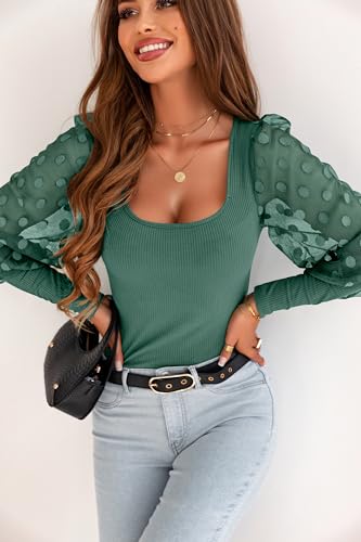 Image of miduo Womens Tops Square Neck Polka Dot Balloon Long Sleeve Top Shirts Slim Knit Ribbed Tops Blouses