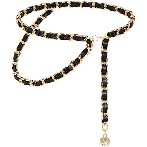 Lamdgbway Leather Chain Belts for Women Layered Metal Waist Belt for Girls Dress Gold 130CM