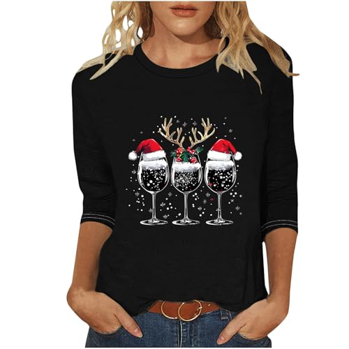 Ugly Christmas Sweater Women 3/4 Sleeve Glitter Red Wine Glass T-Shirts Tunic Tops Funny Santa Hat Party Tees Gifts