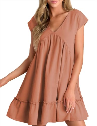 Image of APAFES Women's Summer Dress A Line V-Neck Ruffle Hem Sundress Flowy Swing Mini Dress with Pockets