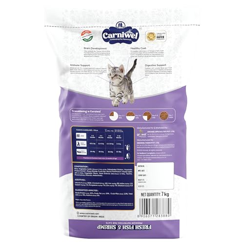 Image of Carniwel Fresh Fish & Shrimp Kitten Dry Cat Food 7 kg | Fresh & Natural Ingredients | Highly Palatable | Supports Healthy Skin & Glossy Coat | Premium Nutrition