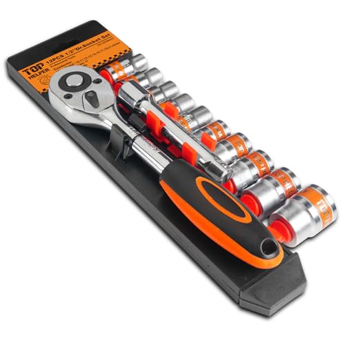 Image of 12 PCS 1 /2 inch Drive Metric Socket Wrench Set,1 /2 Reversible Ratchet Handle,6 Point Shallow Sockets (10-24mm) and Extension Bar 5 inch, CR-V Steel, Car Repair Set