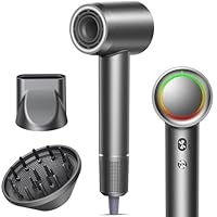 Rowroo Professional High-Speed Hair Dryer, 160000 RPM Brushless Motor Blow Dryer, 500M Negative Ions for Hair Protection, 4 Heat & Speed Settings, Thermo-Control Hairdryer, Lightweight, Low Noise, Magnetic Nozzle & Diffuser, Grey