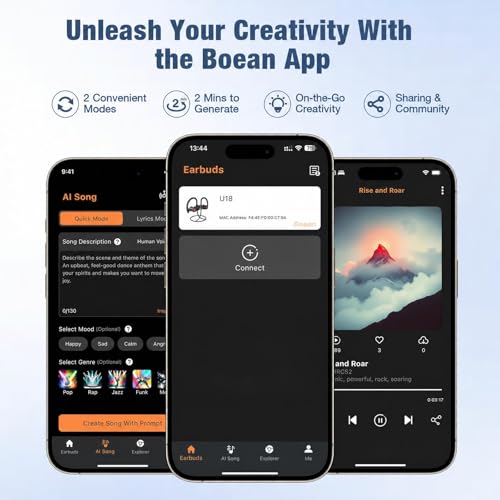 Boean Bluetooth Headphones, Wireless Headphones with 16 Hours Playtime Bluetooth 5.3 Wireless Earbuds HD Stereo Sound IPX7 Waterproof Earphones AI Music Generation Workout Headset for Running Sports