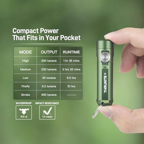 Image of ThruNite Ti Keychain Flashlight, USB-C Rechargeable Mini Flashlight, 650 Lumens with Magnetic Tailcap, IPX-6 Waterproof EDC Pocket Light for Camping, Everyday Carry (Dark Green)