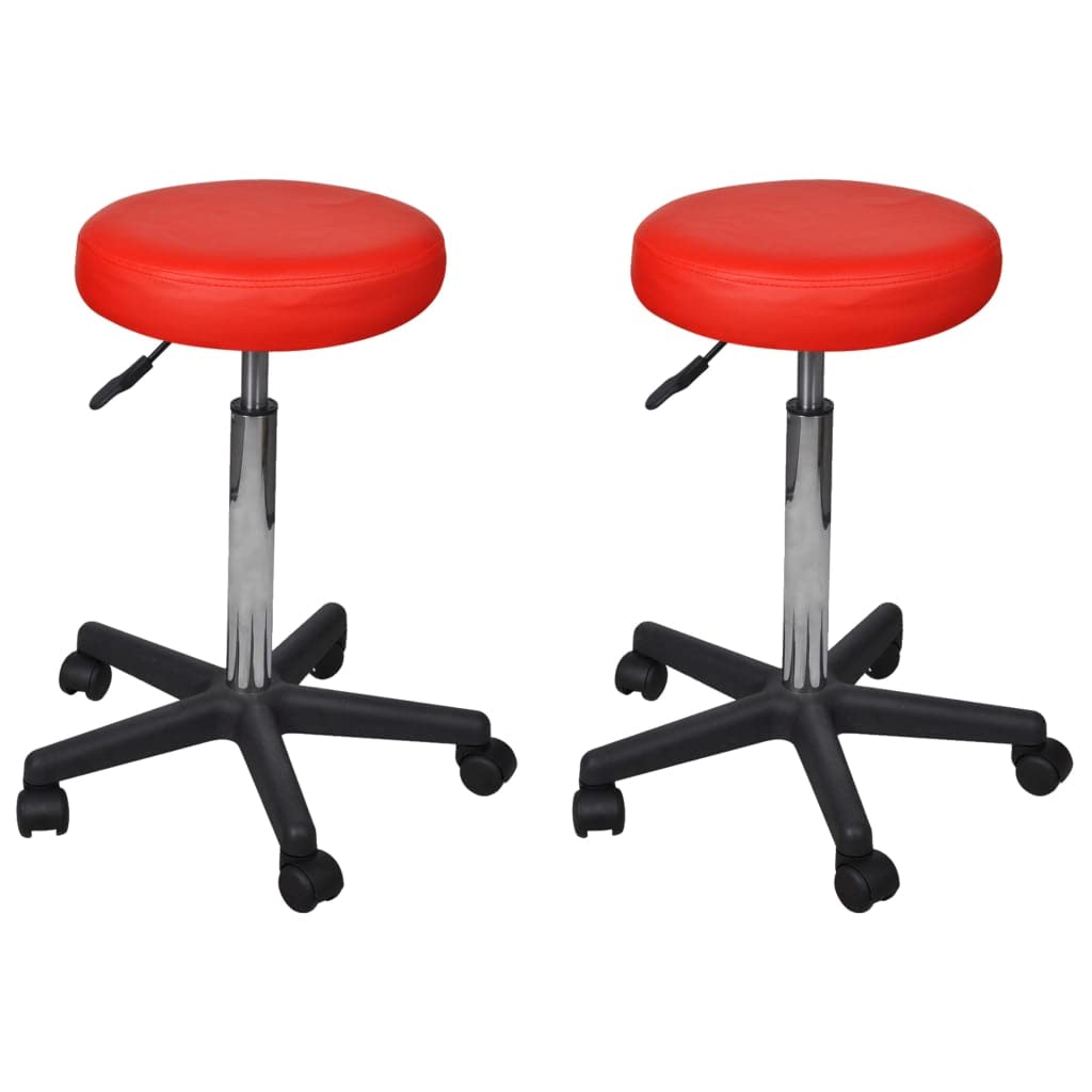 Juego de 2 taburetes de oficina en color rojo con resorte de gas regulable en altura, ruedas, acolchado ergonómico y piel sintética duradera para un trabajo cómodo en casa y oficina