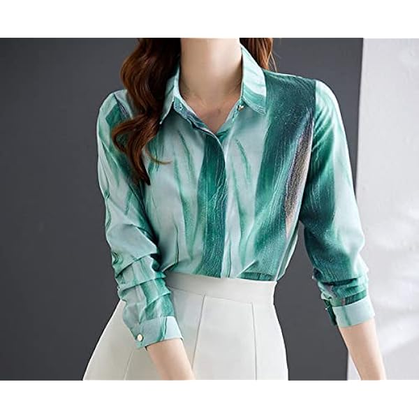 Damesshirt Met Lange Mouwen,Dames Elegante Revers Bloemen Bedrukte Tops Overhemd Groen Satijnen Tuniek Overhemd Lange Mouwen Chiffon Blouse Overhemd Casual Kantoor Zakelijk Blouse Voor Meisjes Dames