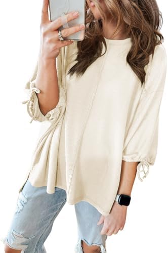 SHEWIN Women’s 3/4 Length Sleeve Tunic Tops Loose Fit Casual Crewneck Waffle Knit T Shirts