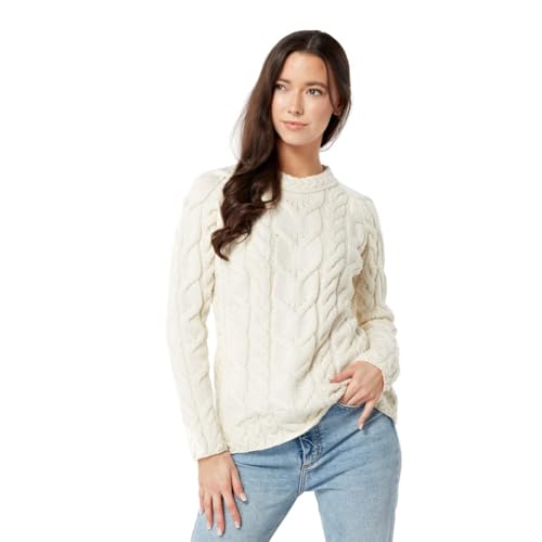 Image of Aran Woollen Mills - Carraig Donn Ladies Irish Multi Cabled Raglan Super Soft Merino Wool Sweater (XX-Large, Natural)