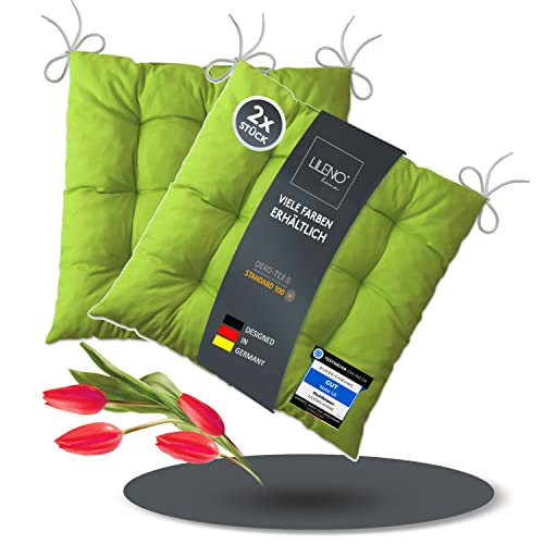 LILENO HOME 2er Set Stuhlkissen Apfelgrün (40x40x6 cm) - Sitzkissen für Gartenstuhl, Küche oder Esszimmerstuhl - Bequeme UV-beständige Indoor u. Outdoor Stuhlauflage als Stuhl Kissen
