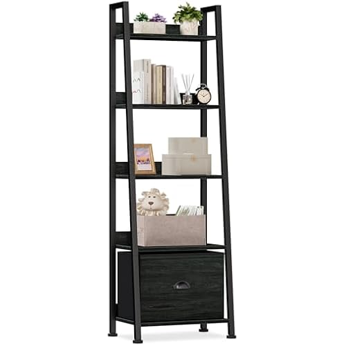 Furologee Ladder Shelf, 5 Tier Bookshelf with Fabric Drawer, Black Oak
