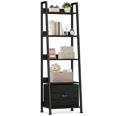 Furologee Ladder Shelf, 5 Tier Bookshelf with Fabric Drawer, Black Oak