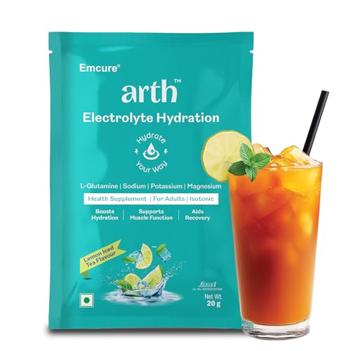 Arth Electrolyte Powder for Quick & Daily Hydration | With L-Glutamine, Potassium & Magnesium | Low Sodium Hydration Drink | Supports Muscle Recovery & Immunity | Lemon Iced Tea Flavour | 20 Sachets