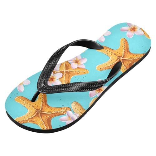 ALAZA Yellow Starfish Pink Cherry Blossoms Flip Flops for Women Fashion Beach Slippers Comfort Mens Flip Flops Non-Slip Rubber Shower Slippers Sandal for Hotel Travel Sport,XS2