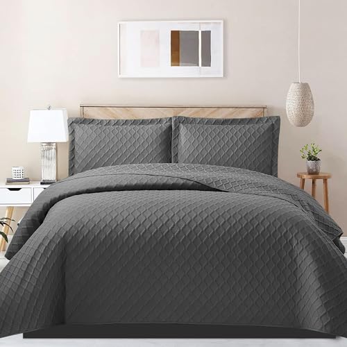 PHP Bedspread Bed Throws for Bedroom Decor - Decorative Embossed Diamond Check Pattern Quilted Fabric Reversible Quilt Bedspreads Coverlets with Pillow Cases (Double, Grey)