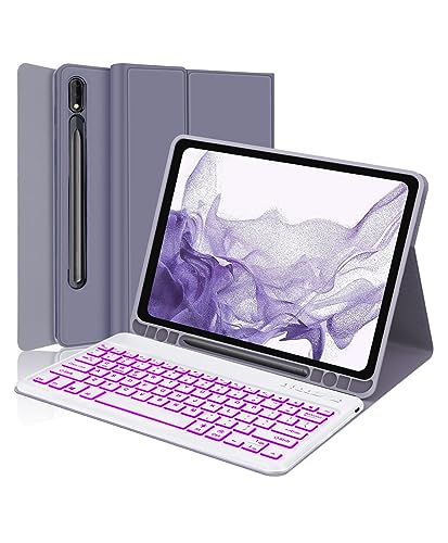 Sengbirch Keyboard Case For Samsung Galaxy Tablet S7 Fe/S8+ Plus/S7+ Plus 5G, 12.4 Inch Case With S Pen Holder, 7 Color Rgb Backlit, Bluetooth Removable, S7 Fe Keyboard, Grey Purple #TOP17