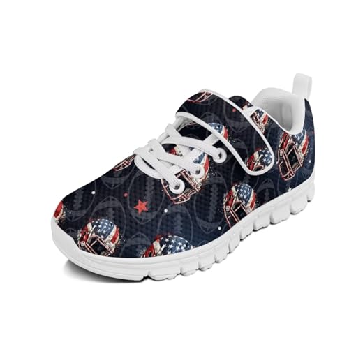Kids Shoes Little Kid Boys Girls Athletic Running Sports Strap Sneakers for Little Kid/Big Kid America Flag Football Rugby Helmet Pattern（White Sole）