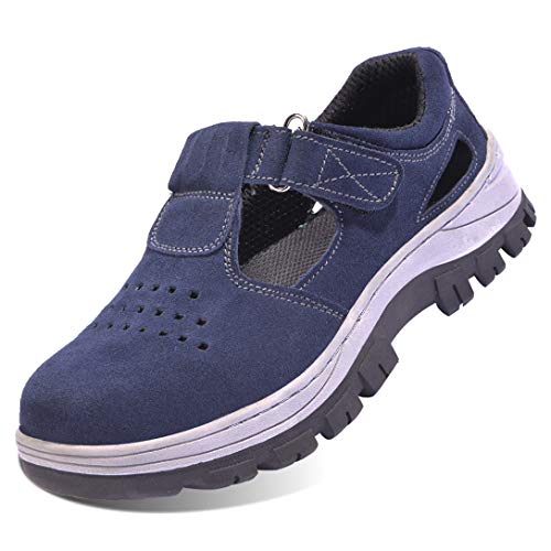 HMAKGG Herren Damen Stahlkappe Sandalen Wildleder Leder Arbeitsschuhe Sommer Schutzschuhe Used for Industrie Baugewerbe,Blau,39 EU Cover