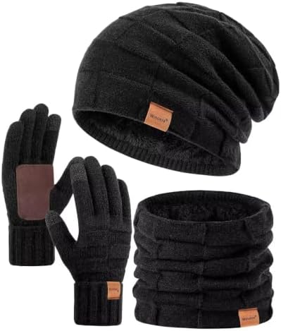 Winuesa Mütze, Schal & Handschuh-Sets für Damen Herren, Slouchy Beanie Mütze Herren Winter Strickmütze Touchscreen Handschuhe Schal Halswärmer Schlauchschal Geschenk set