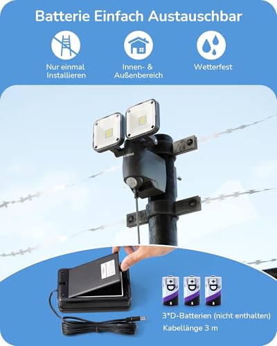 EDISHINE Batterie LED Strahler mit Bewegungsmelder Außen, Kabelloser Batteriebetriebener Außenstrahler, Verstellbare Doppelte Lampenköpfe, IP44 Wasserdicht, 800 Lumen, 6000K für Garage, Hof