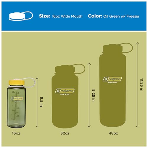 Image of Nalgene 16 oz Wide Mouth Water Bottle | Slim Cup Holder Size, BPA-Free, Durable & Leak Proof Travel Bottle - Thrill & Motion, Oil Green w /Freesia