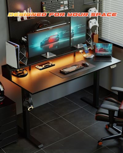Image of Agilestic 55 x 24 Inch Electric Standing Desk with Shelf, Height Adjustable Desk with Power Outlets & LED, Sit Stand Up Table with Monitor Stand, Computer Workstation, Black