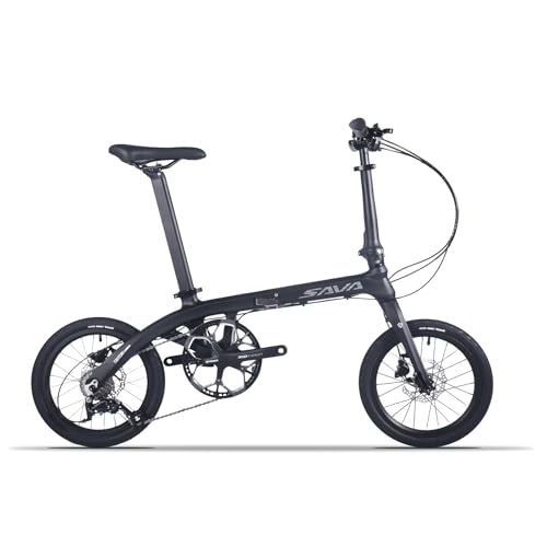 SAVADECK 16 '' Bicicleta Plegable Marco de Fibra de Carbono para niños Mini Bicicleta Plegable de la Ciudad con Grupo Shimano Sora 3000 9 Velocidad (Negro)