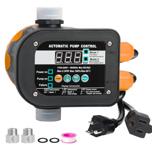 WiseWater 110v-240v Automatic Water Pump Controller with 2 Modes Digital Display, Adjustable Pressure for Water Supply System, Pump Pressure Controller with 2 NPT1'' adapter, for Home, Yard and Garden