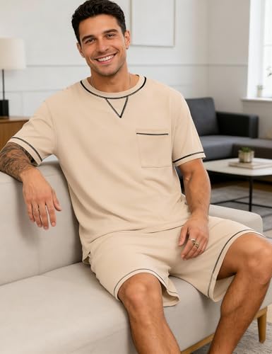 Image of SWOMOG Mens Pajamas Set Summer Sleepwear Short Sleeve Pjs Set Soft 2 Piece Lounge Set Comfy Loungewear with Pockets