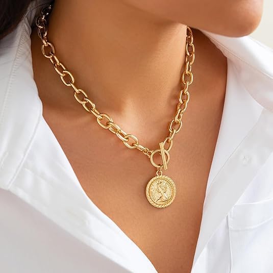 Yellow Gold Coin Toggle Necklace - 925 Sterling Silver Toggle Necklace for Women - Toggle Necklaces Women - Minimalist Toggle Choker Necklace with Chain - Image 5