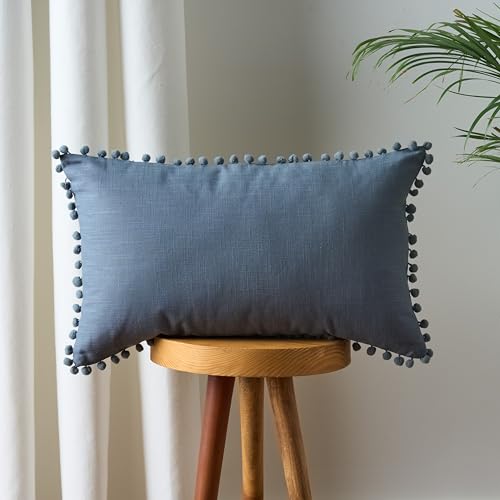 Image of 100% Cotton Pom Pom Cushion Without Filler, Elegant & Modern Cushion Cover for Living Room, Rectangle, 12 inchx20 inch, uni slub, Set of 3 - Denim Grey