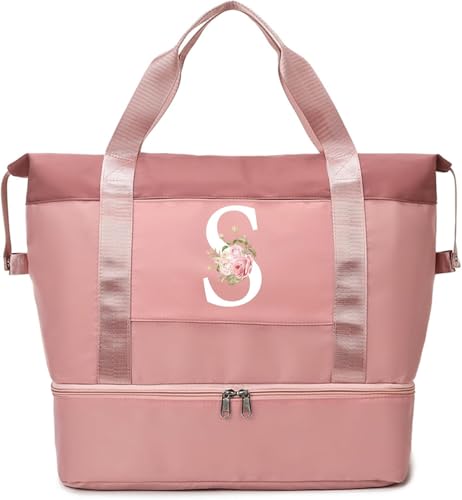 Initial Travel Duffel Bag for Women, Personalized Weekender Bag with Shoe Compartment, Gym Duffel Bag with Wet Pocket Carry on Overnight Bag, Birthday Gifts for Women, Pink (Letter R)