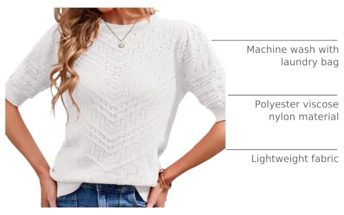 Image of Womens Puff Short Sleeve Sweater Summer Crew Neck Ribbed Knit Pullover Tops