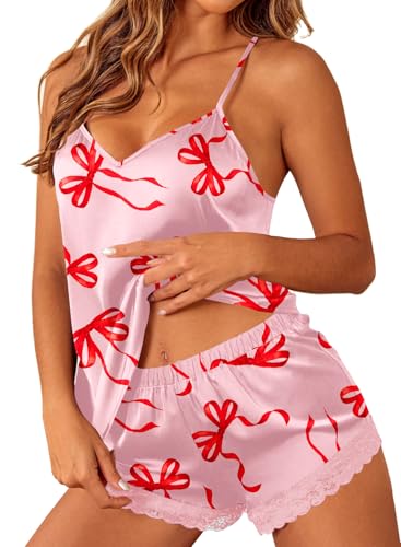 Image of Ekouaer Satin Pajamas Women Lace Sleepwear Lingerie Cami Shorts Set Nightwear XS-XXL