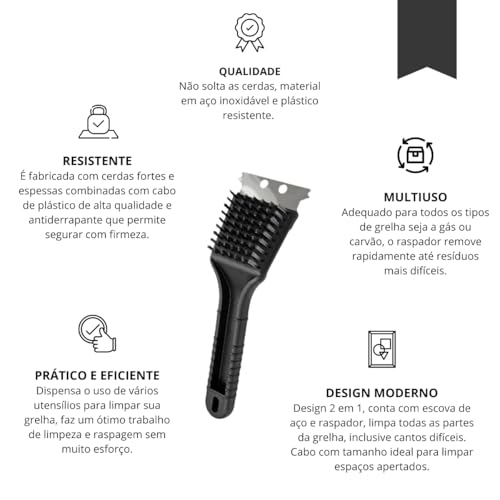 Escova para Limpar Grelha Churrasqueira Premium com Espátula 2 em 1 Cerdas Aço Inoxidável Durável Re