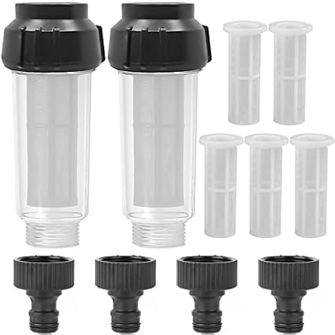 Hlimior Wasserfilter Gartenschlauch, 2 Stück 3/4 Zoll Wasser Vorfilter Wasserfilter Set mit 5 Filtereinsatz & 2 Schnelladapter für Hochdruckreiniger, Gartenpumpe, Gartenbewässerung, Wohnmobil Cover