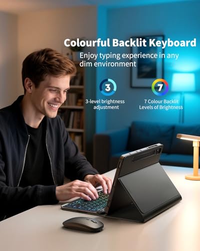Backlit Keyboard Mouse Case for Samsung Galaxy Tab S10+ Plus / S9+ Plus / S9 FE+ Plus / S8+ Plus / S7 FE / S7+ Plus 12.4-inch with Wireless Bluetooth British Layout Keyboard and Mouse, Black - Image 3