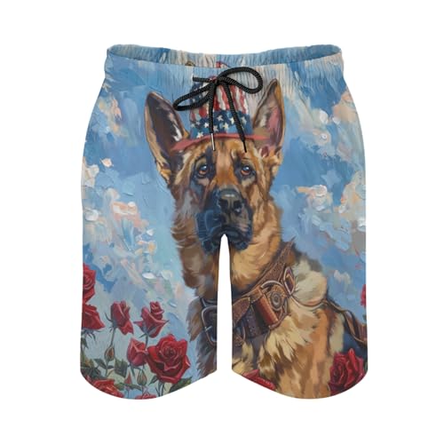 German Shepherd Roses Men's Swim Trunks Patriotic Dog American Flag Hat Summer Sport Shorts Bathing Suits with Pockets