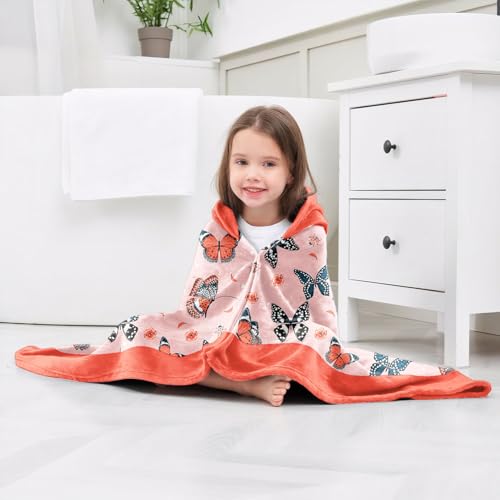Image of Butterfly Print Girls Beach Towel with Hoodie for Kids Toddlers Age 4-8, Colorful Bath Towels Shower Wrap for Girls, Hooded Poncho Beach Blanket for Pool Swimming Cute Wearable Bath Towel for Child