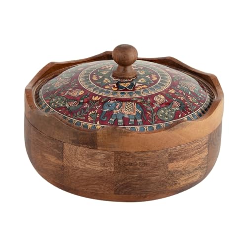 Image of Brick Brown Mithila Wooden Masala Box with Lid | Spice Box Organizer Storage Box | Spice Jars | Flower-Shaped Masala Dani with 7 Steel Containers & 1 Wooden Spoon | Designer Spice Rack for Kitchen